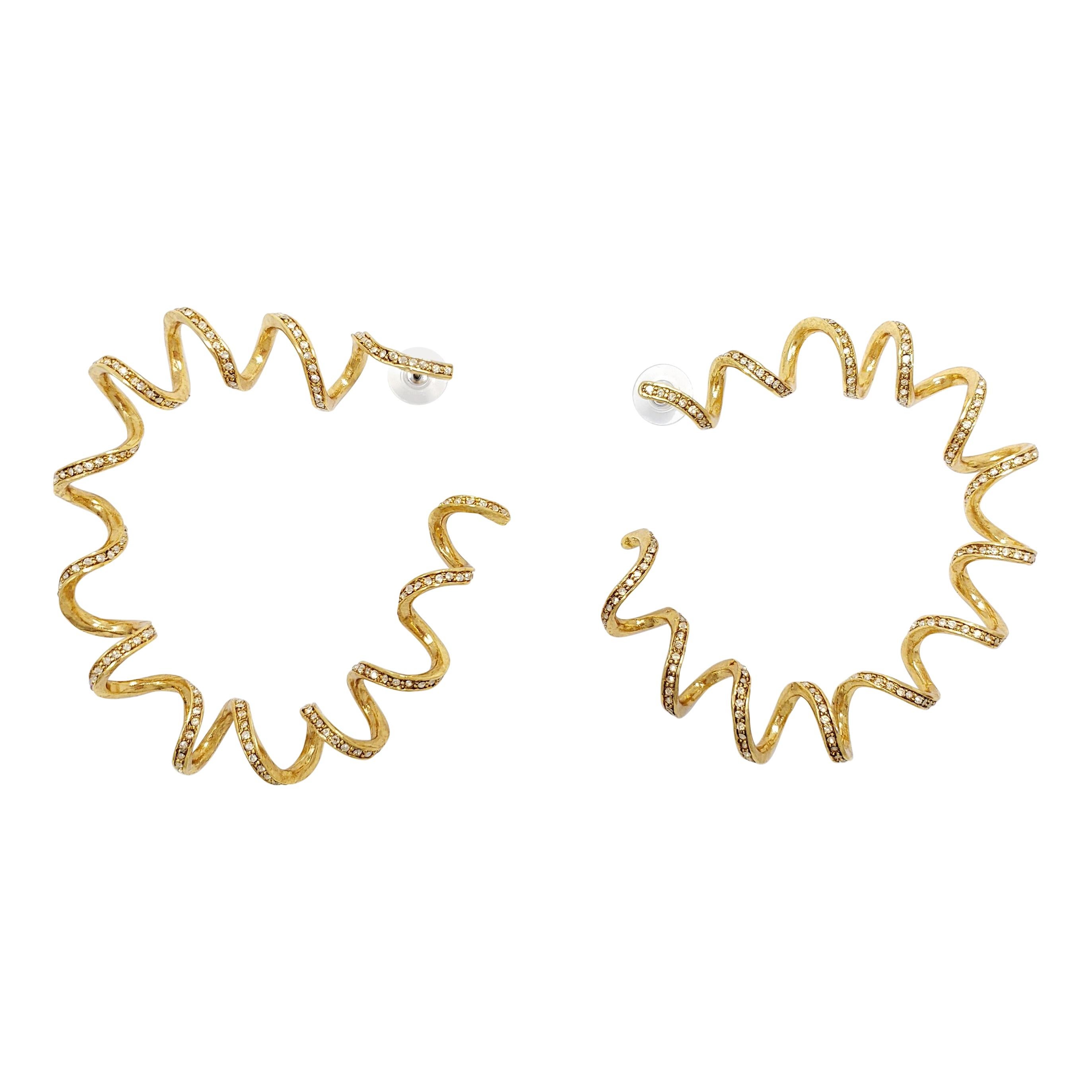 Oscar de la Renta Gold Polished Twisted Crystal Curl Hoop Earrings, Contemporary For Sale