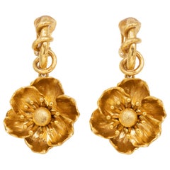 Oscar de la Renta Gold Poppy Flower Clip On Dangle Earrings, Contemporary