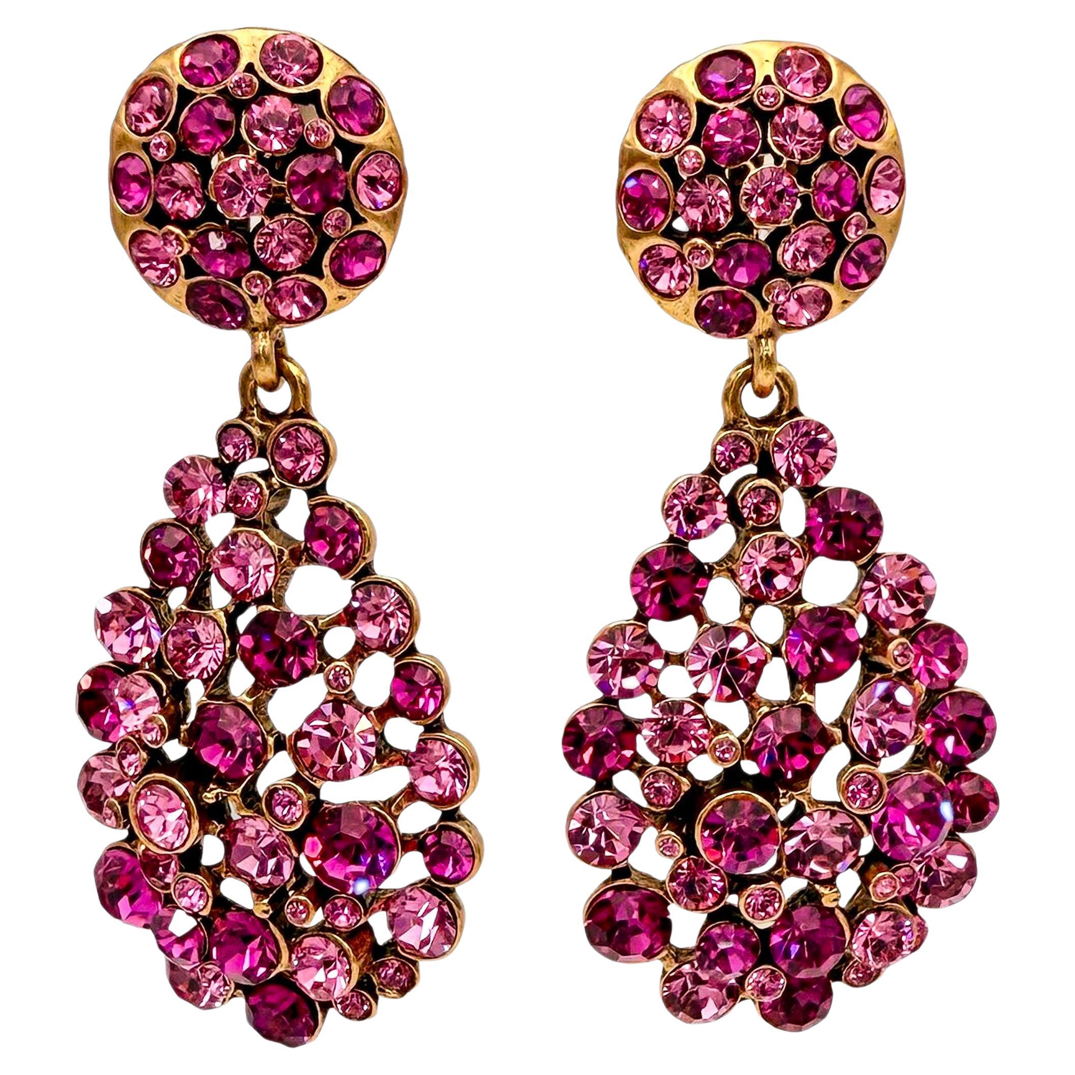 Oscar De La Renta Gold Rose Fuchsia Swarovski Crystal Pear Drop Clip Earrings