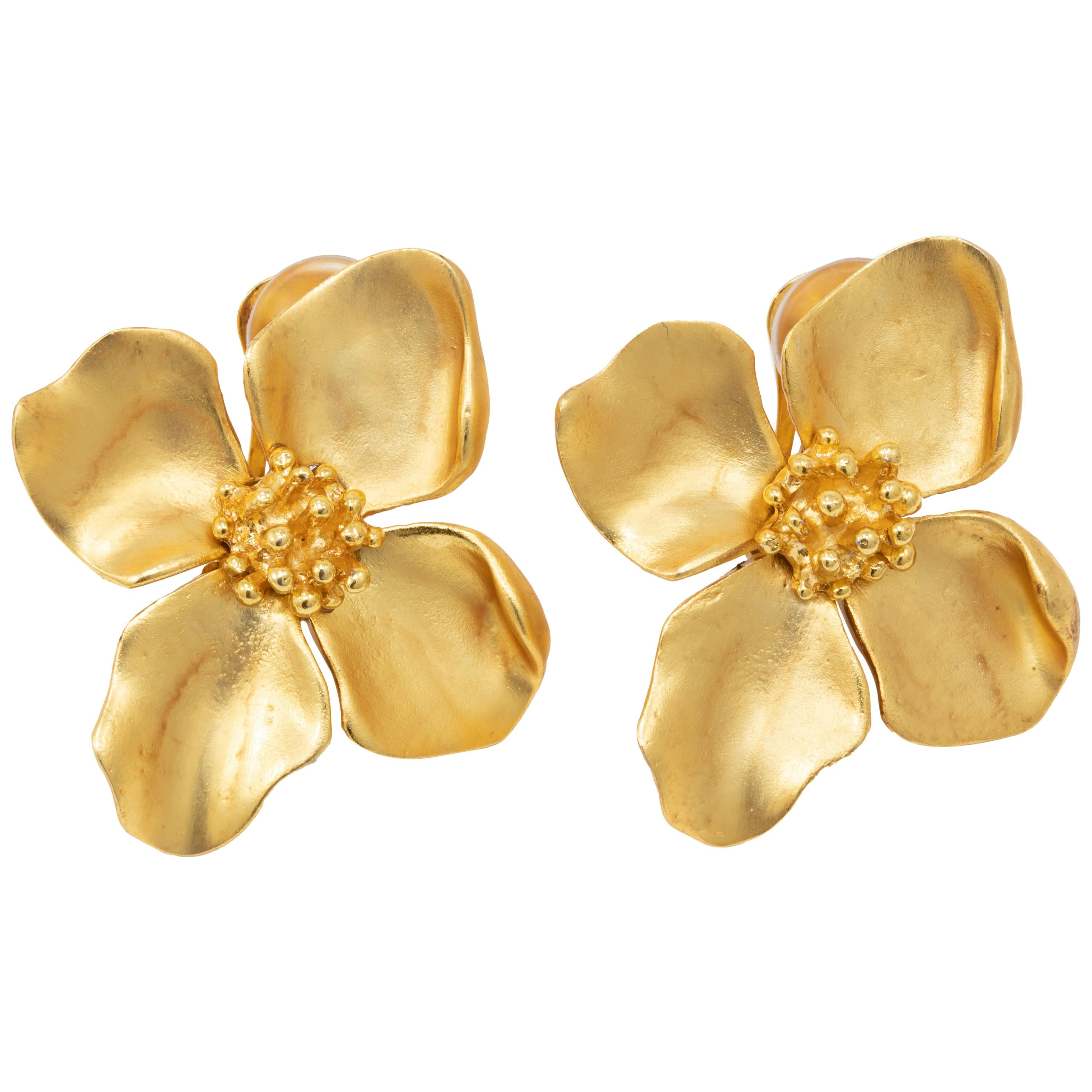 Oscar de la Renta Gold Satin Four Petal Flower Statement Earrings, Contemporary