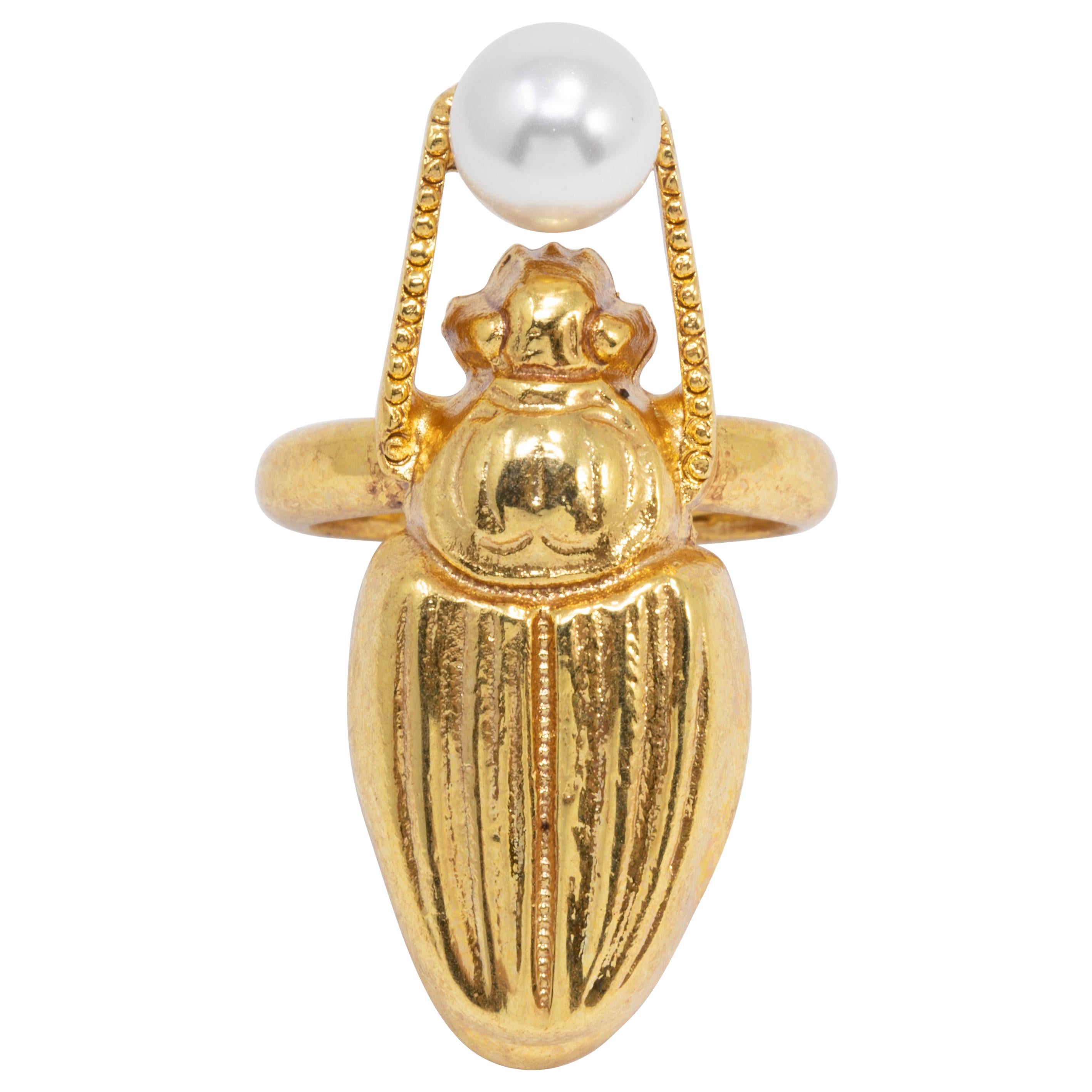 Oscar de la Renta Gold Scarab Faux Pearl Cocktail Ring, Statement Style