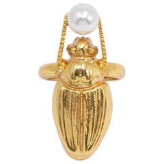 Oscar de la Renta Gold Scarab Faux Pearl Cocktail Ring, Statement Style