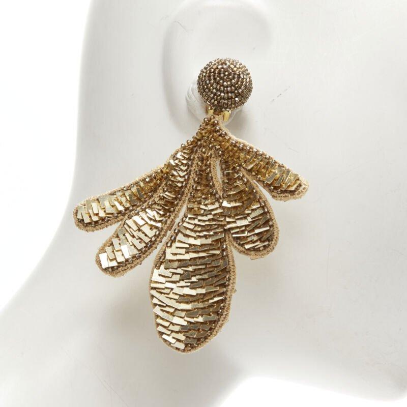 OSCAR DE LA RENTA gold sequin bead embellished leaf statement earring For Sale 1