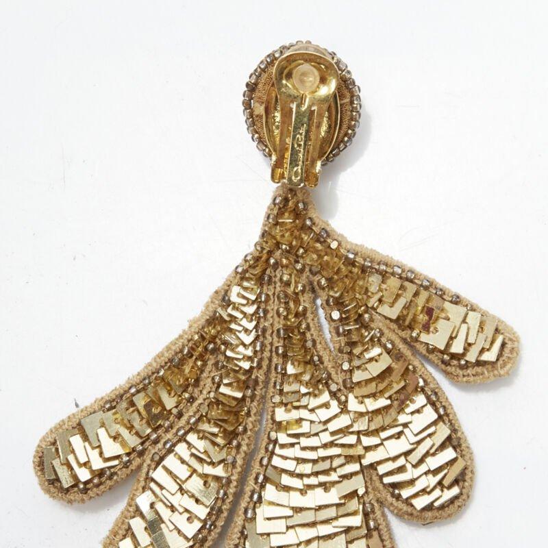 OSCAR DE LA RENTA gold sequin bead embellished leaf statement earring For Sale 3