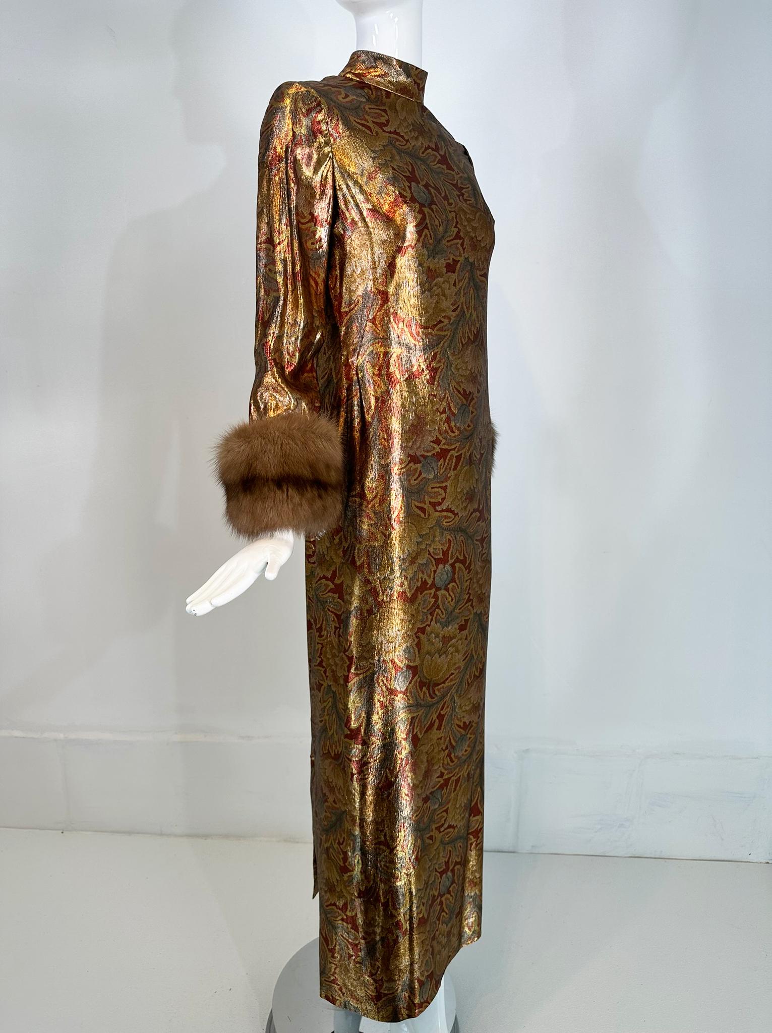 Oscar de la Renta Gold Silk Lame Evening Gown Button Back Sable Cuffs 1990s 4 8