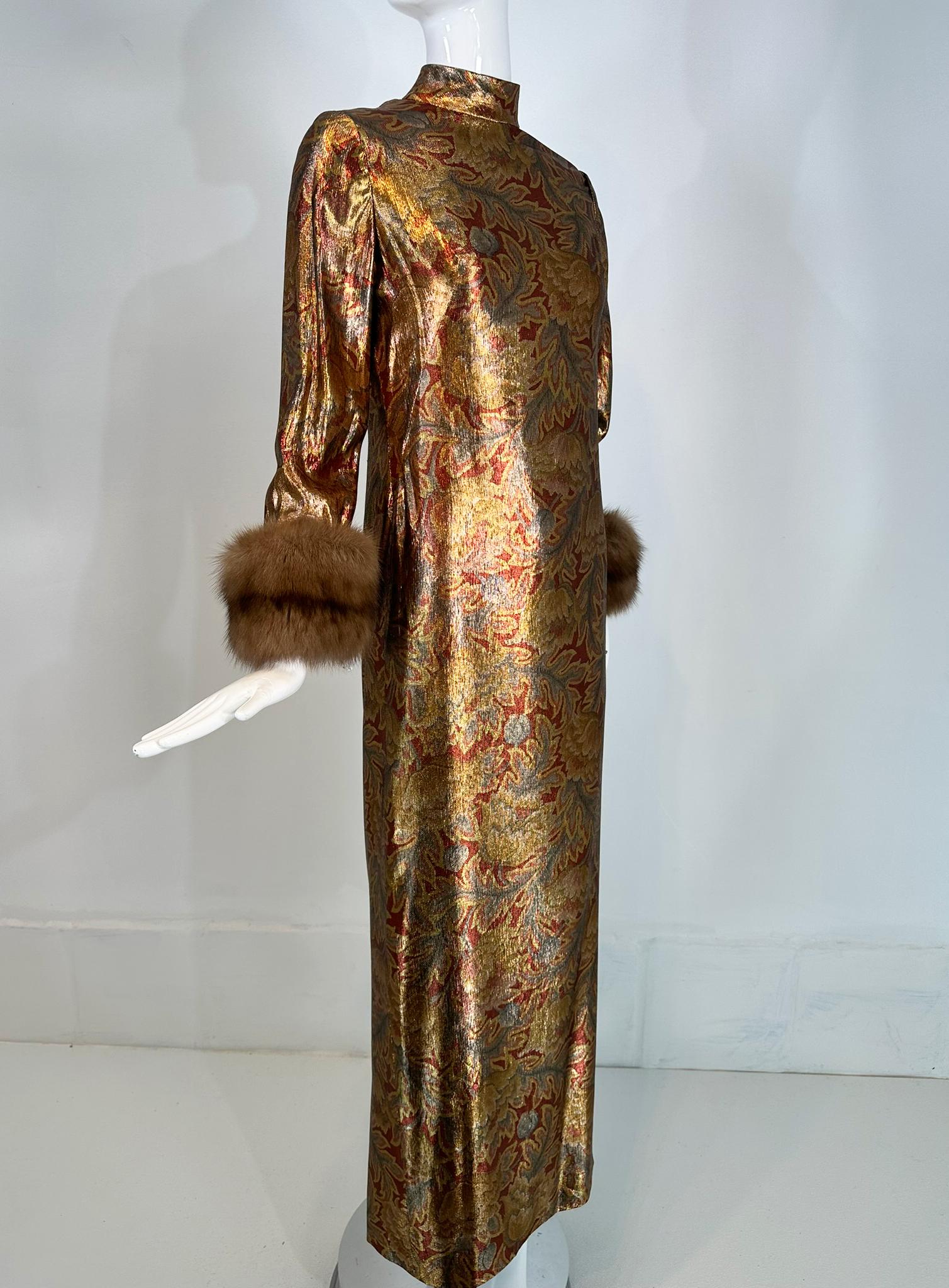 Oscar de la Renta Gold Silk Lame Evening Gown Button Back Sable Cuffs 1990s 4 9