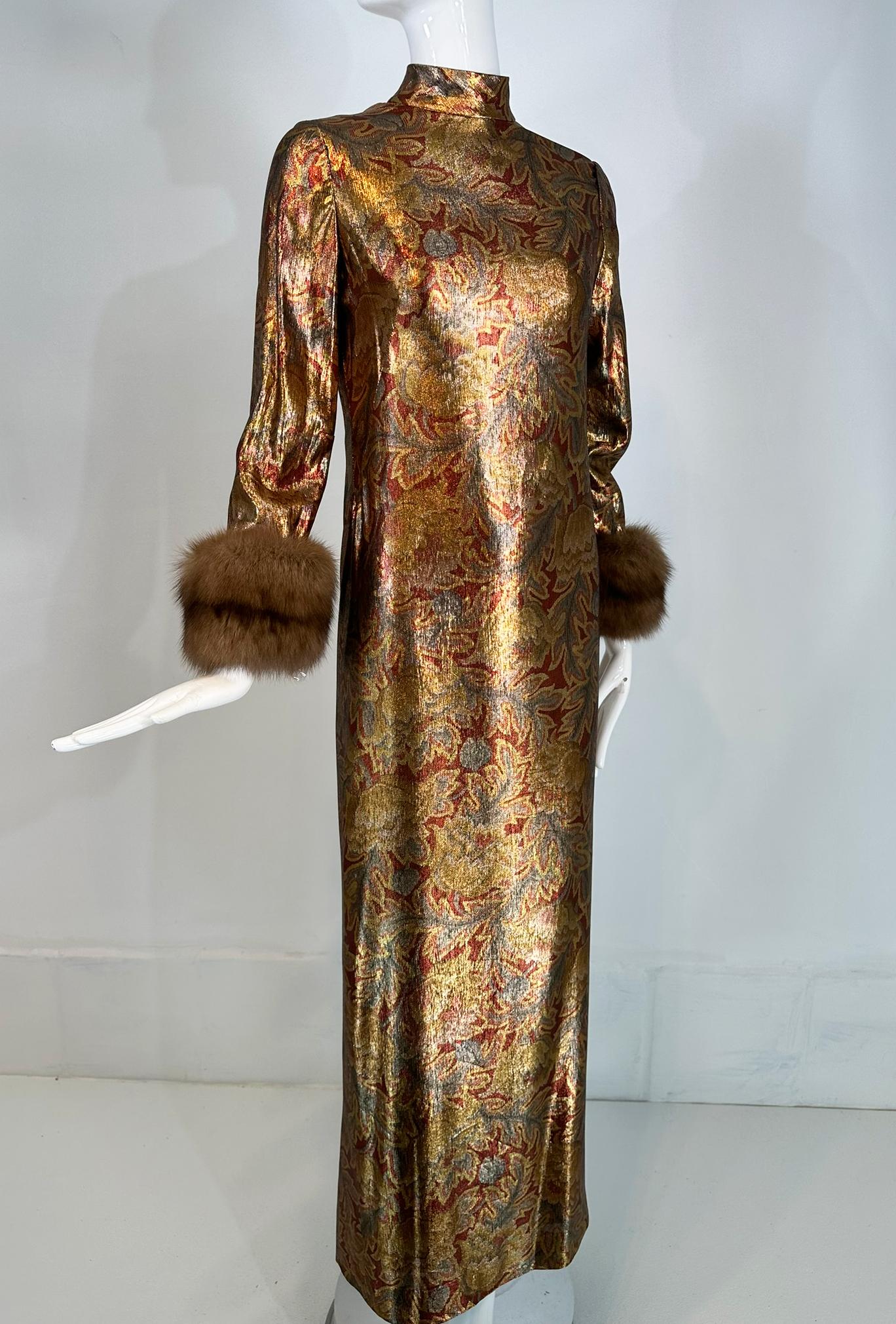 Oscar de la Renta Gold Silk Lame Evening Gown Button Back Sable Cuffs 1990s 4 10