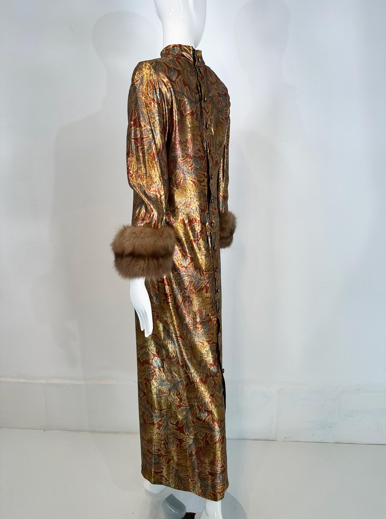 Women's Oscar de la Renta Gold Silk Lame Evening Gown Button Back Sable Cuffs 1990s 4