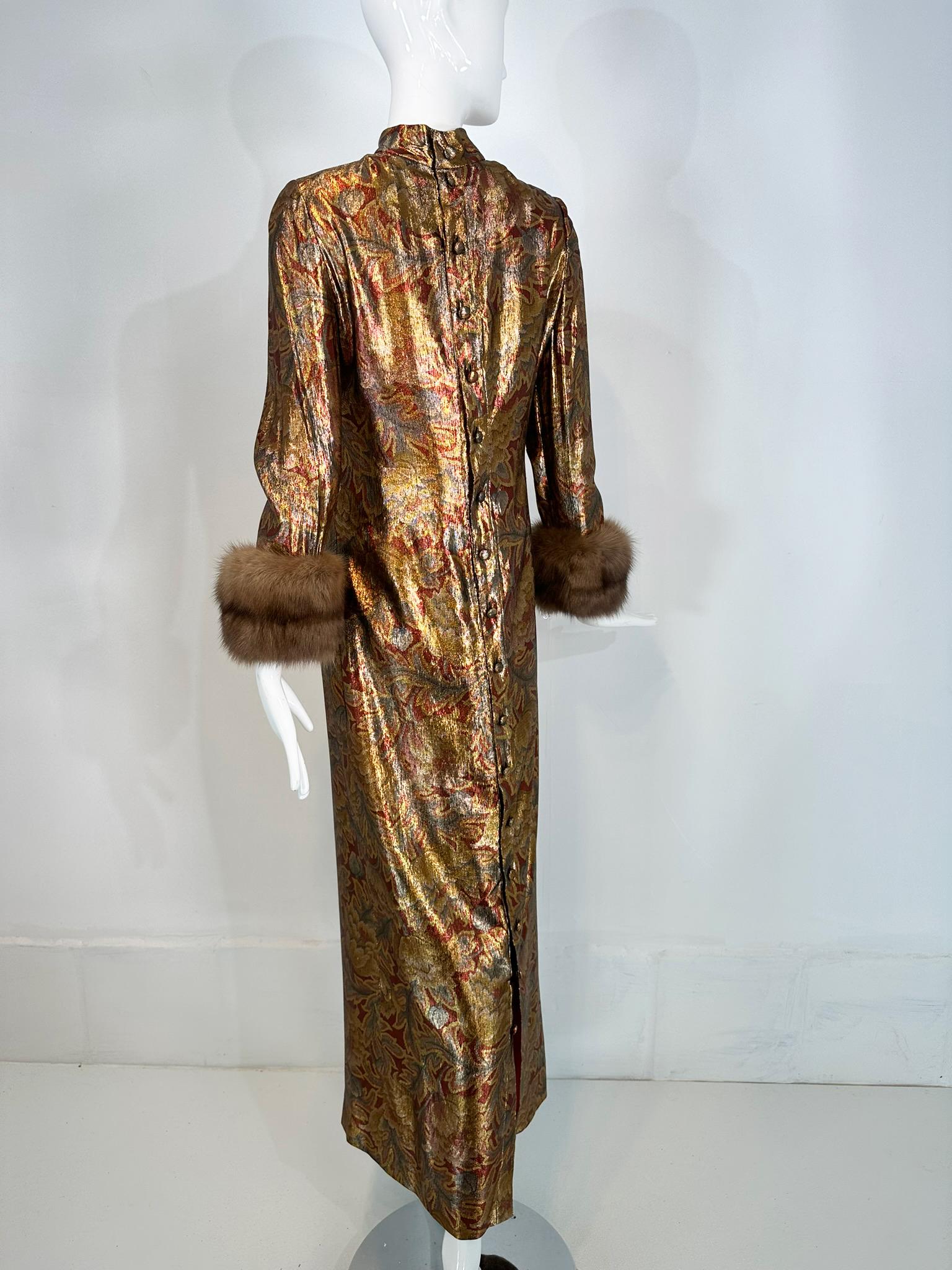 Oscar de la Renta Gold Silk Lame Evening Gown Button Back Sable Cuffs 1990s 4 1