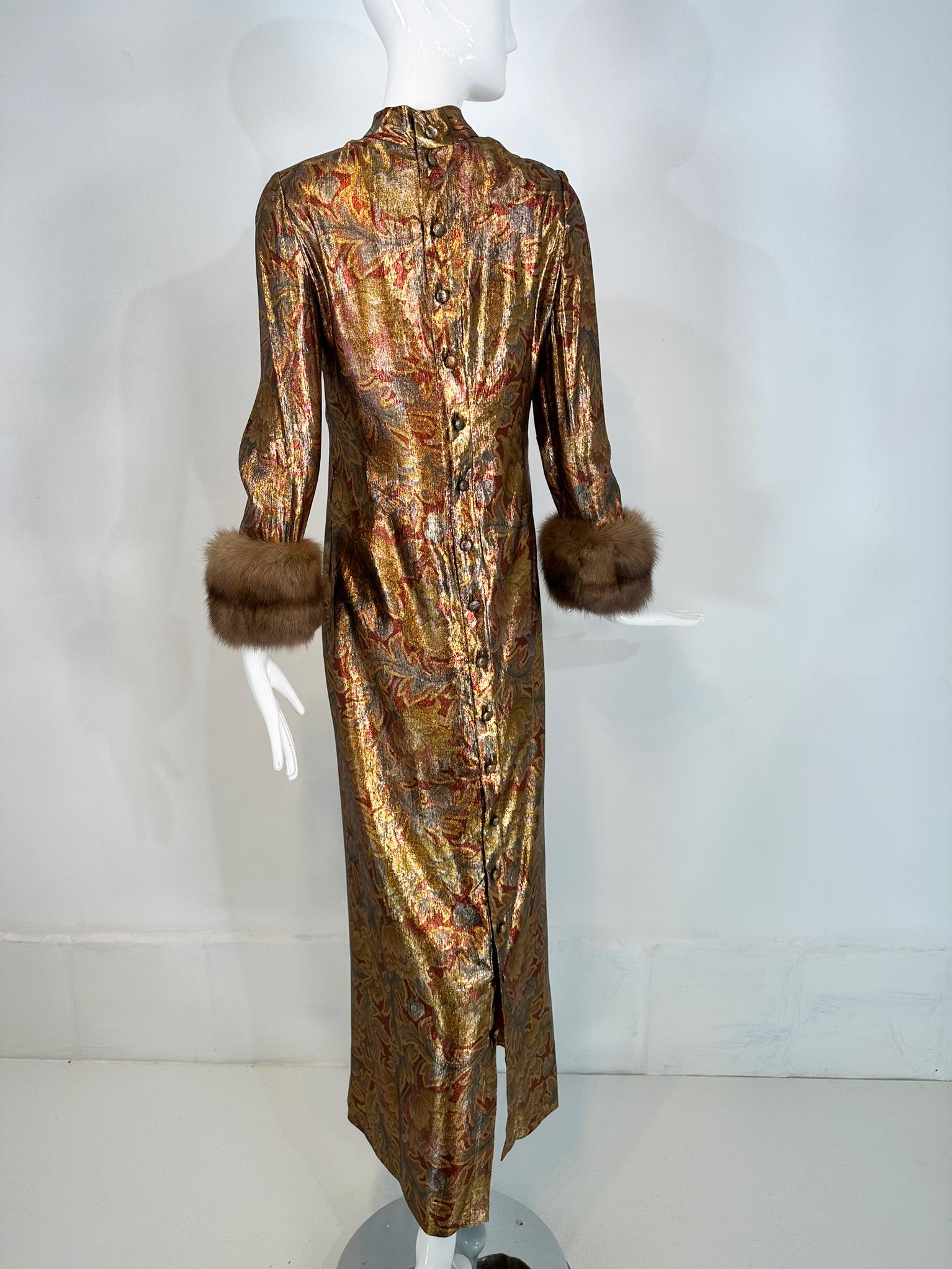 Oscar de la Renta Gold Silk Lame Evening Gown Button Back Sable Cuffs 1990s 4 2