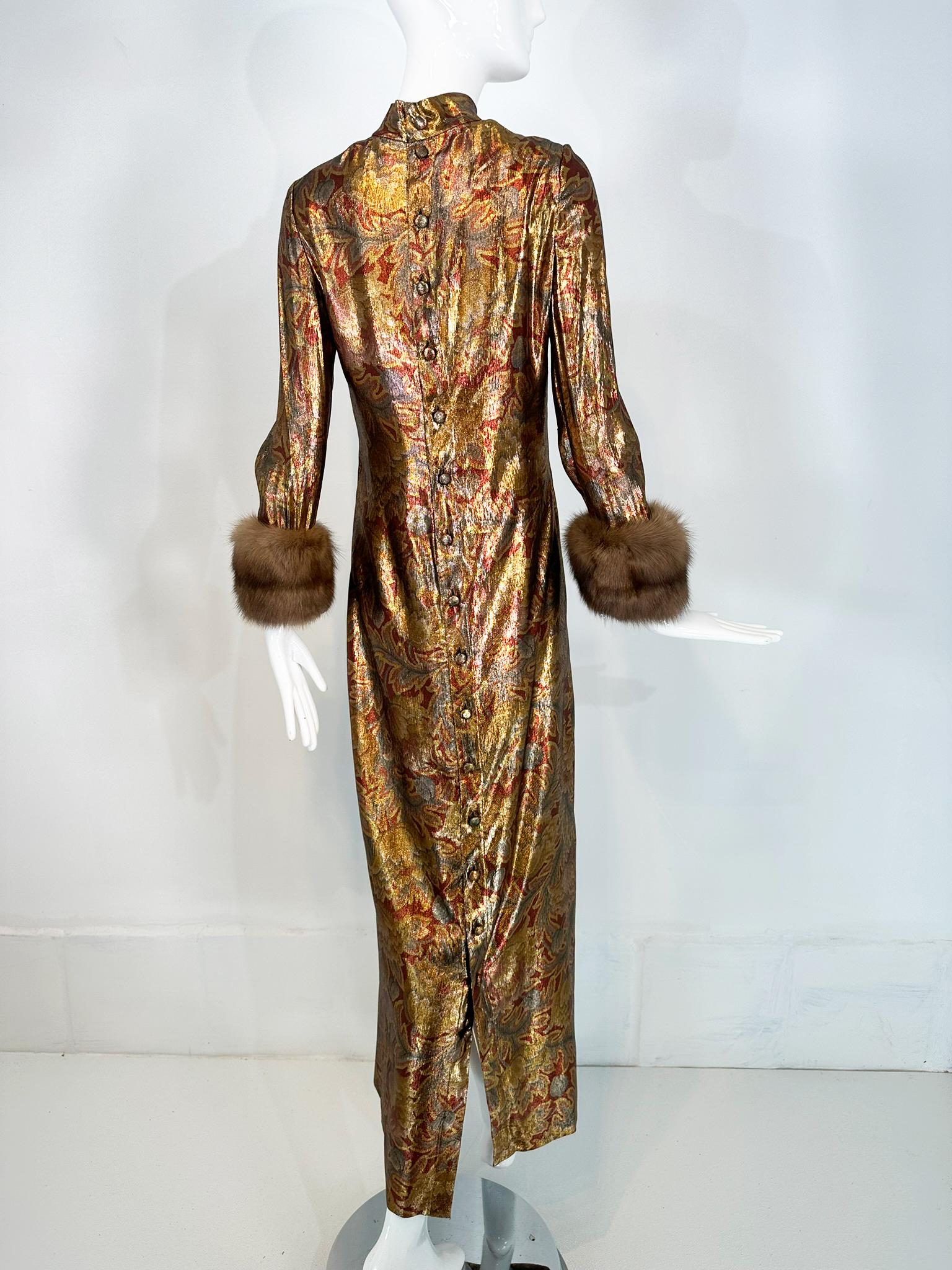 Oscar de la Renta Gold Silk Lame Evening Gown Button Back Sable Cuffs 1990s 4 3
