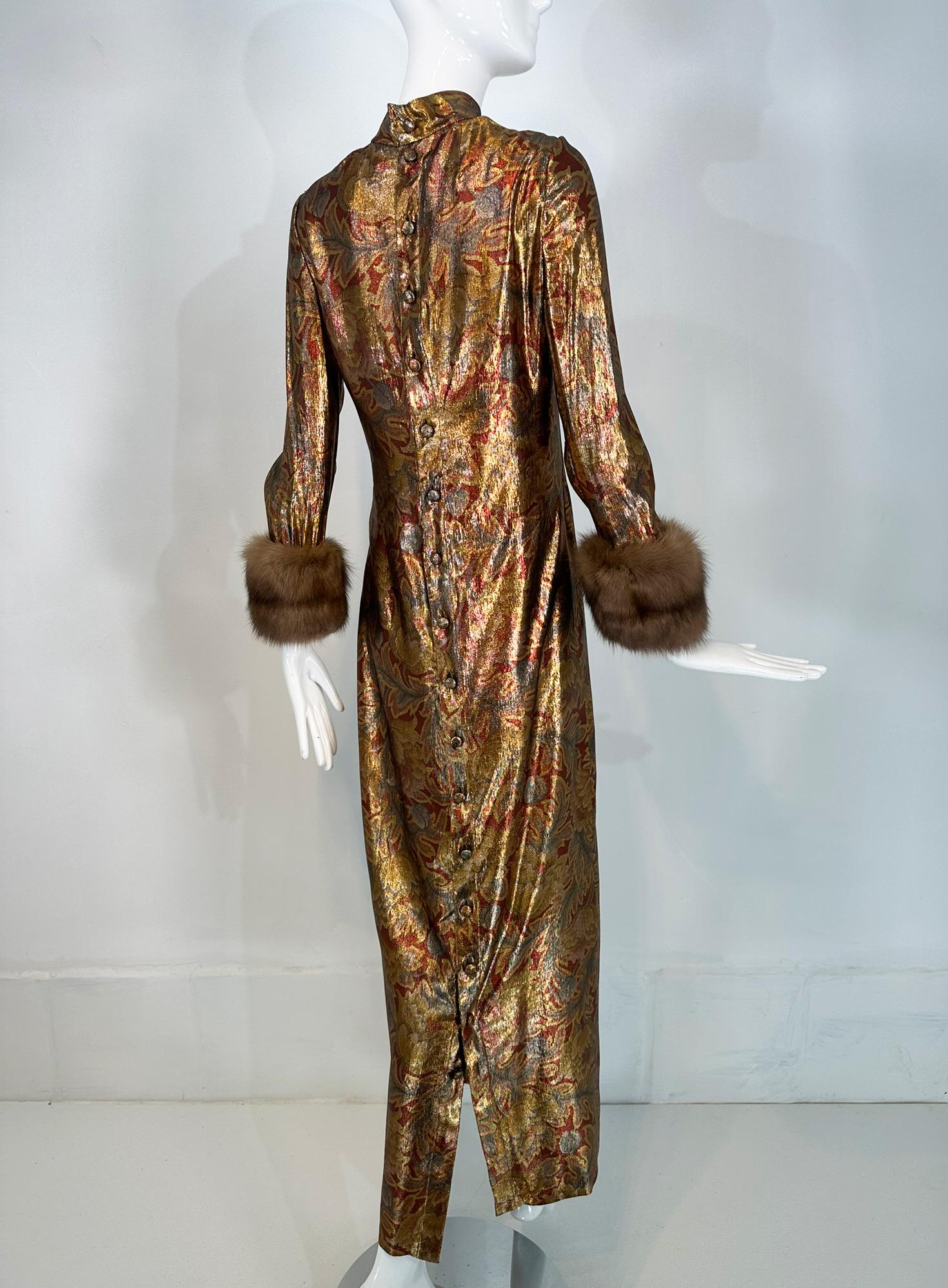 Oscar de la Renta Gold Silk Lame Evening Gown Button Back Sable Cuffs 1990s 4 4