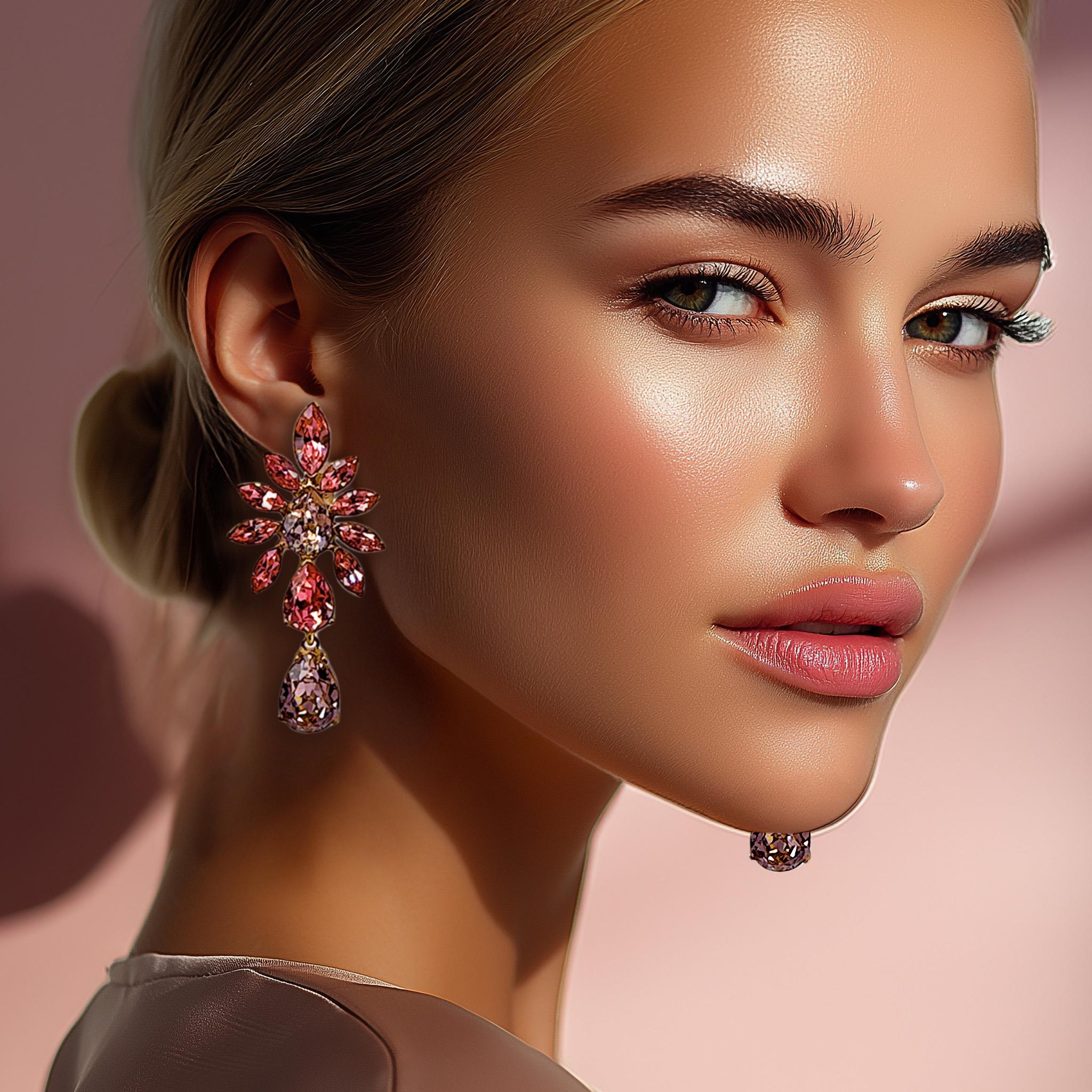 Pendientes de clip florales de cristal Swarovski bañados en oro de 22k de Oscar De La Renta con cristales rosa y violeta. Joyería contemporánea de lujo de diseño.

Los pendientes de clip florales de cristal Swarovski chapados en oro de 22k Oscar De