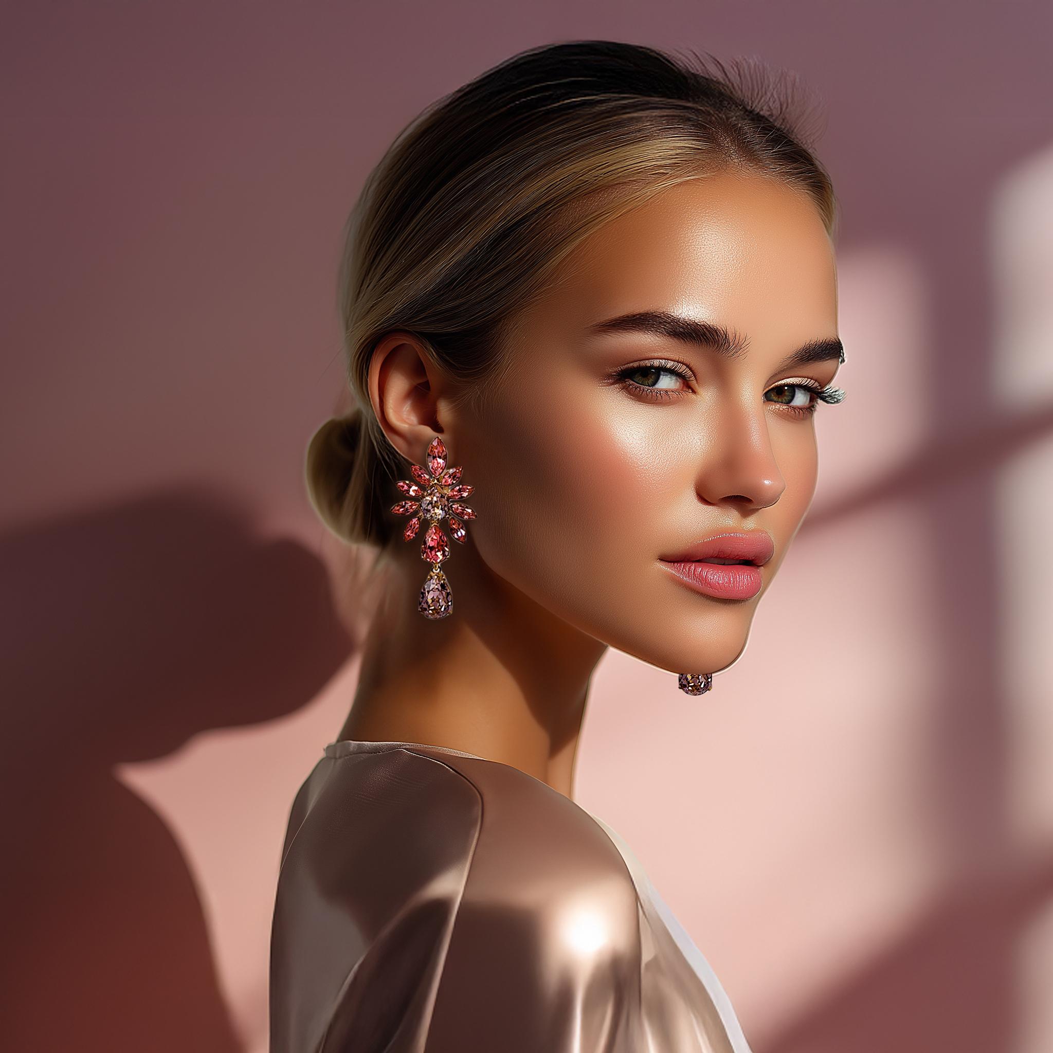 Oscar De La Renta Pendientes de clip con gota floral de cristal de Swarovski rosa dorado en venta 3
