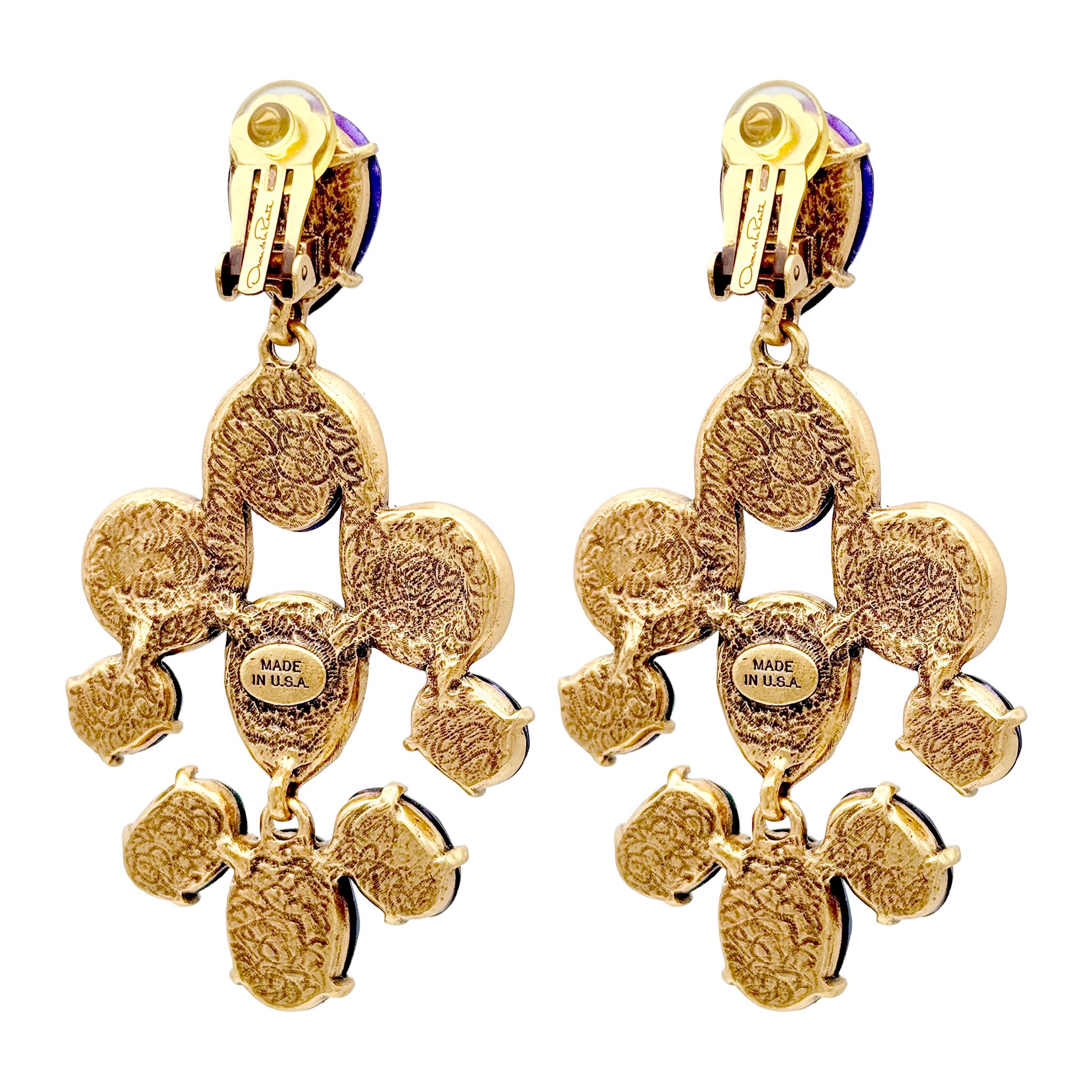Oscar De La Renta Gold Tanzanite Swarovski Crystal Chandelier Clip Earrings For Sale 5