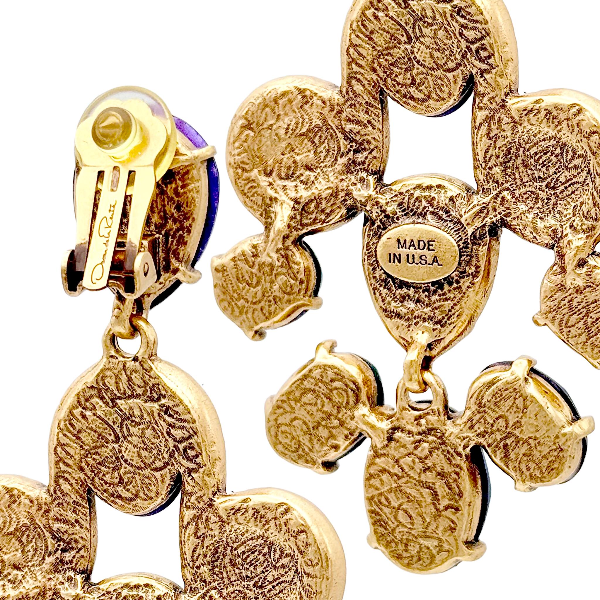 Oscar De La Renta Gold Tanzanite Swarovski Crystal Chandelier Clip Earrings For Sale 6