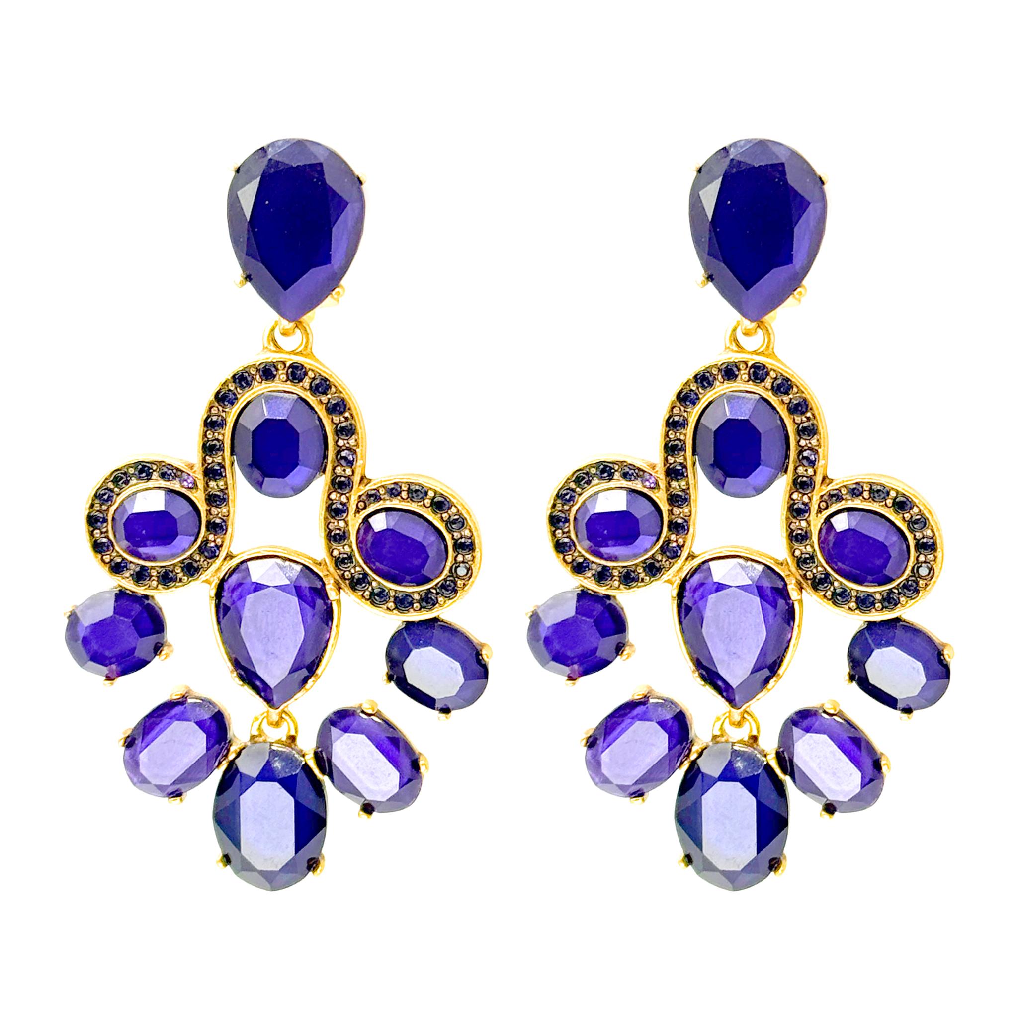 Oscar De La Renta Gold Tanzanite Swarovski Crystal Chandelier Clip Earrings For Sale 7