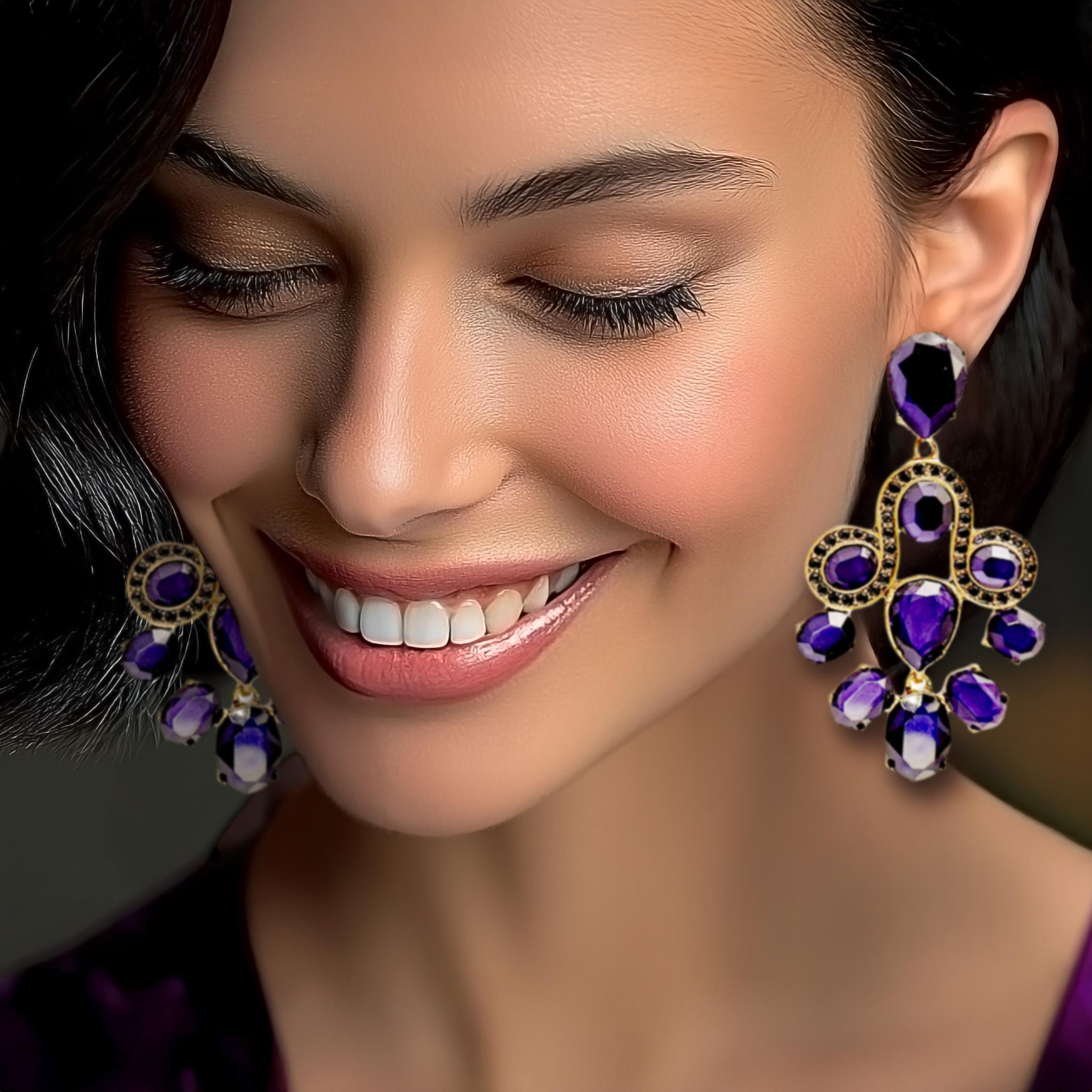 Oscar de la Renta 22k gold tanzanite Swarovski crystal chandelier clip earrings. Luxury designer jewelry. 3.75