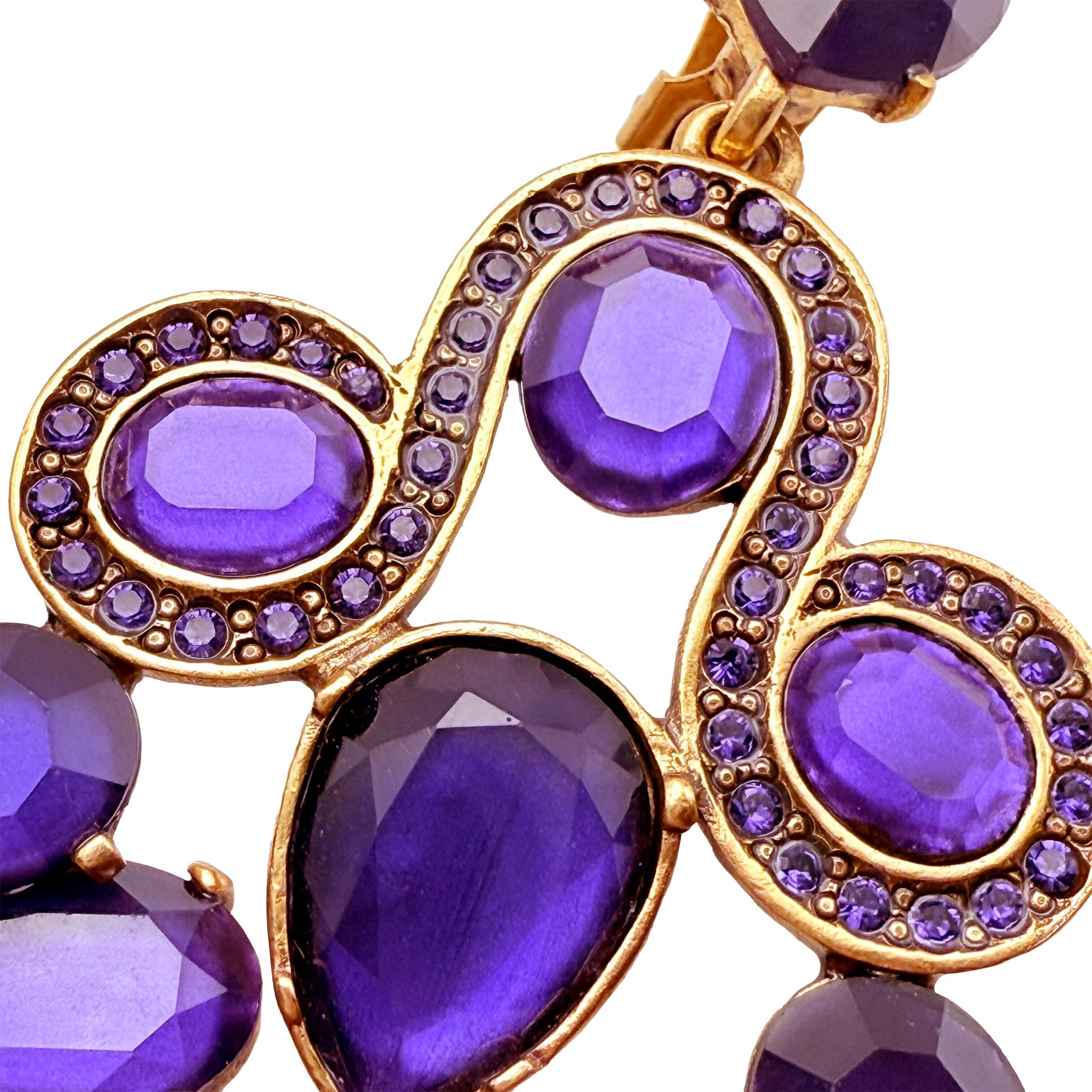Oscar De La Renta Gold Tanzanite Swarovski Crystal Chandelier Clip Earrings For Sale 3