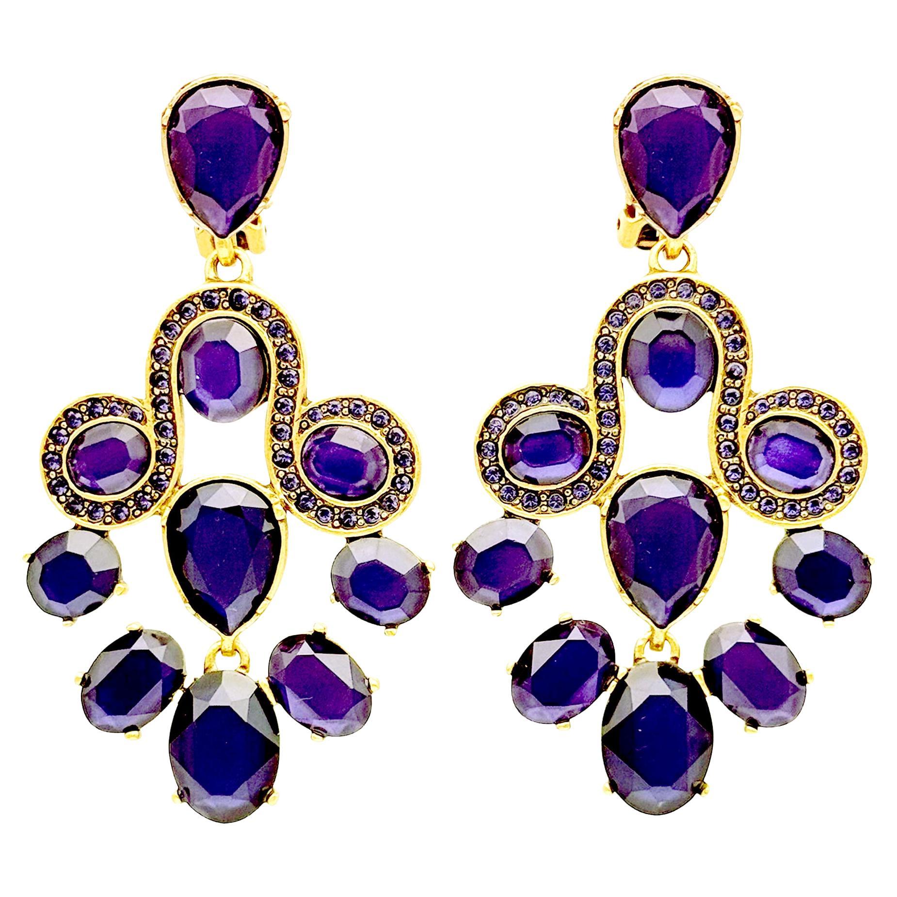 Oscar De La Renta Gold Tanzanite Swarovski Crystal Chandelier Clip Earrings For Sale