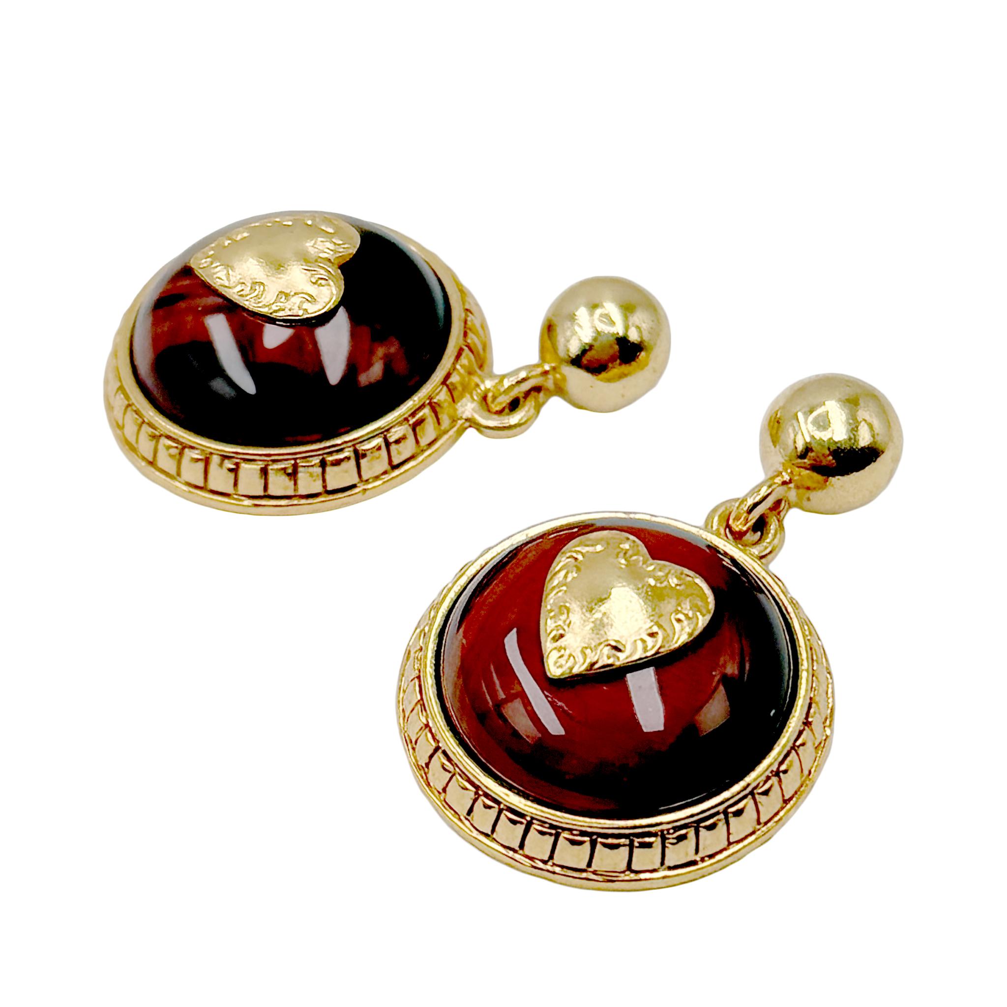 Oscar De La Renta Gold Tiger Eye Heart Drop Earrings Vintage Designer (Cabochon) im Angebot