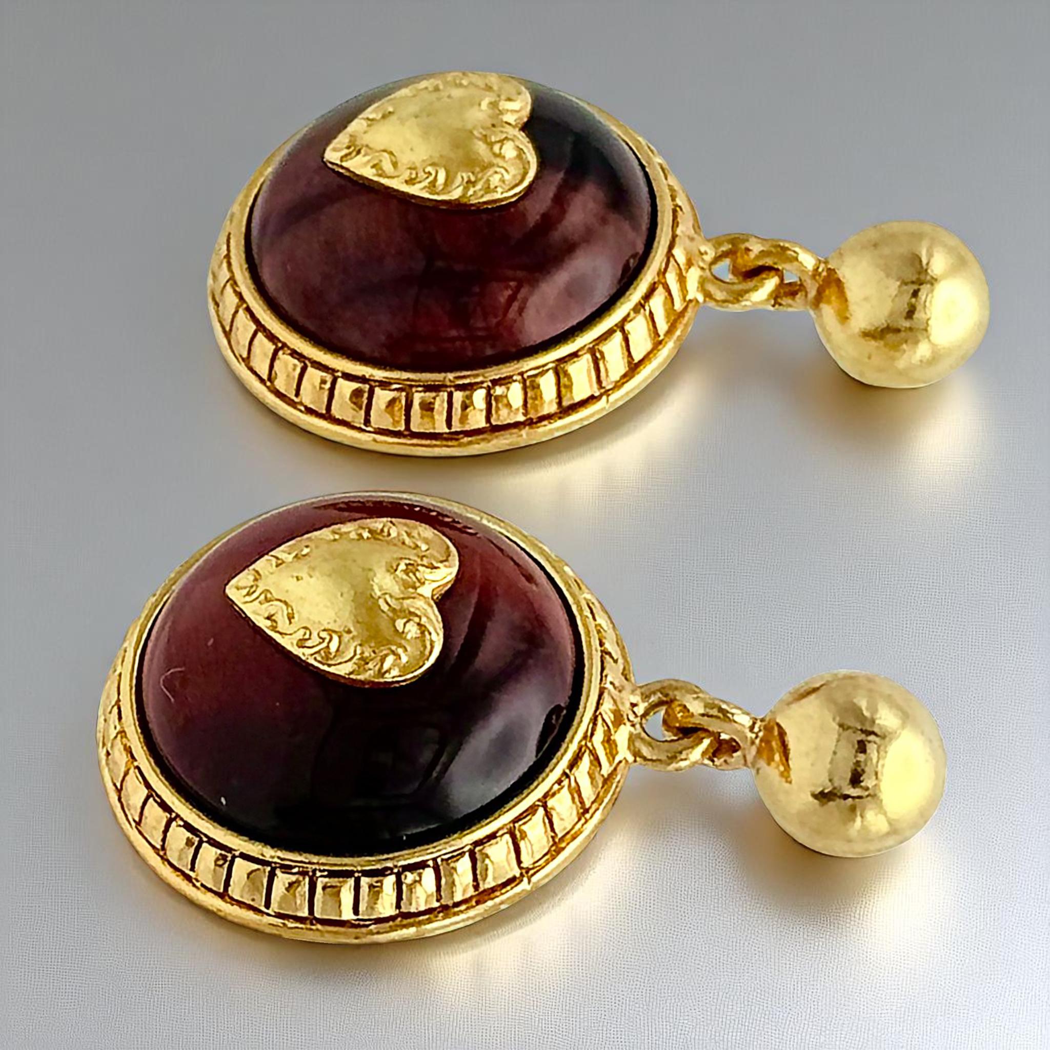 Oscar De La Renta Gold Tiger Eye Heart Drop Earrings Vintage Designer im Angebot 1