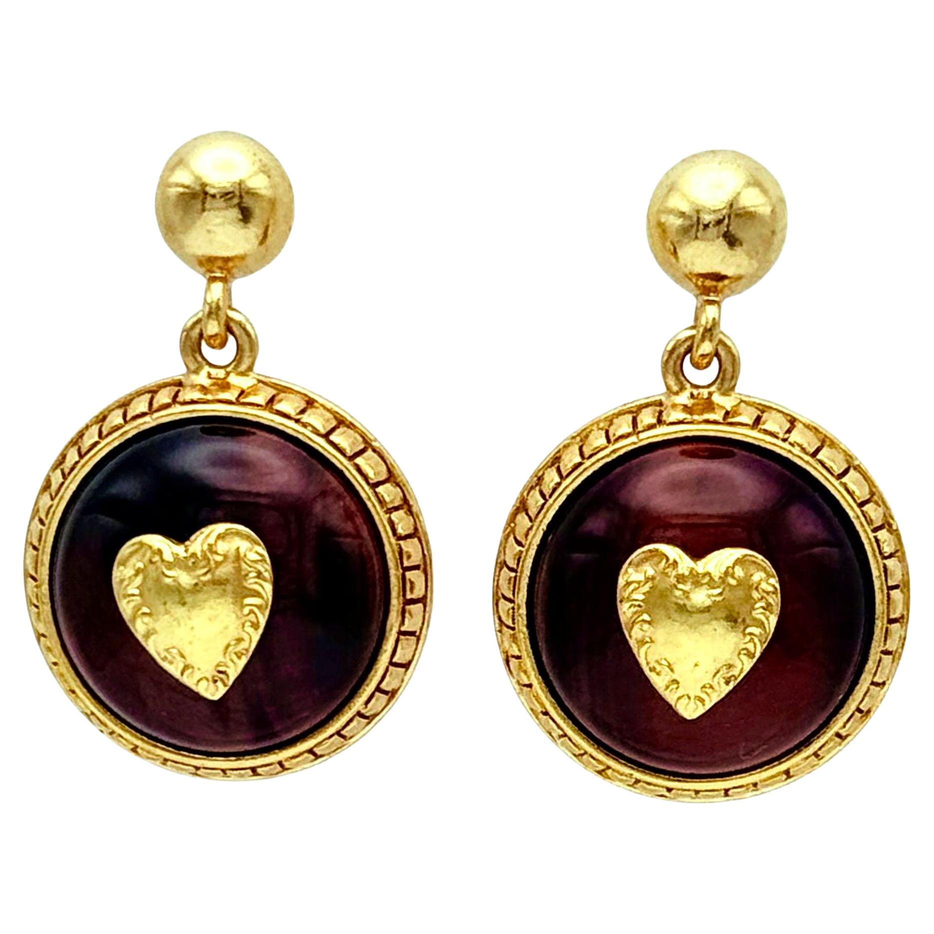Oscar De La Renta Gold Tiger Eye Heart Drop Earrings Vintage Designer im Angebot