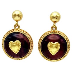Oscar De La Renta Gold Tiger Eye Heart Drop Earrings Vintage Designer
