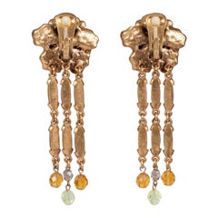 Oscar de la Renta Gold Tone Flower Clip-On Drop Earrings, Vintage