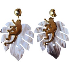 Oscar de la Renta Gold Tone Monkey Natural Horn Monstera Leaf Statement Earrings