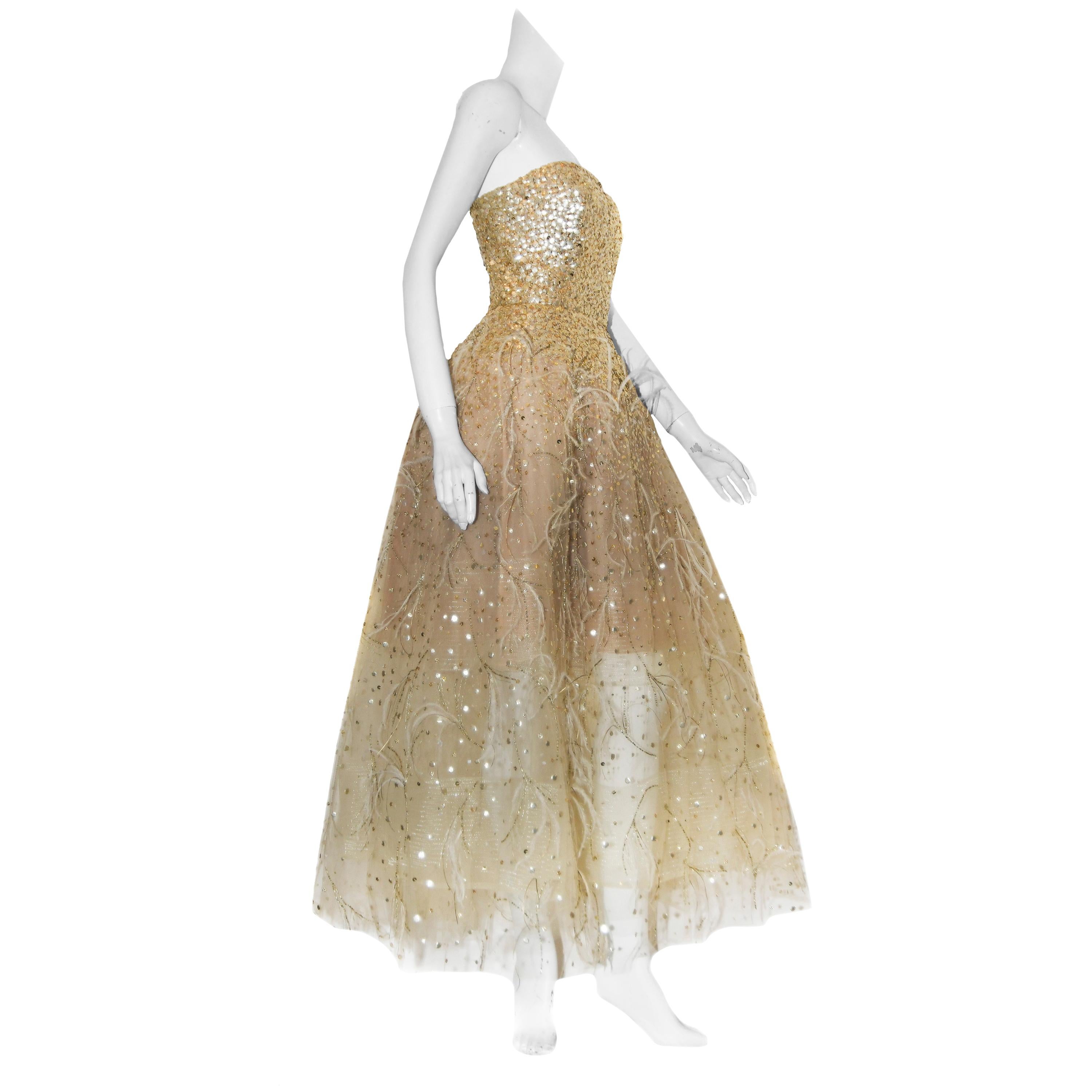 Oscar de la Renta Gold Tone Sequin Strapless Gown With Ostrich Feather Accents