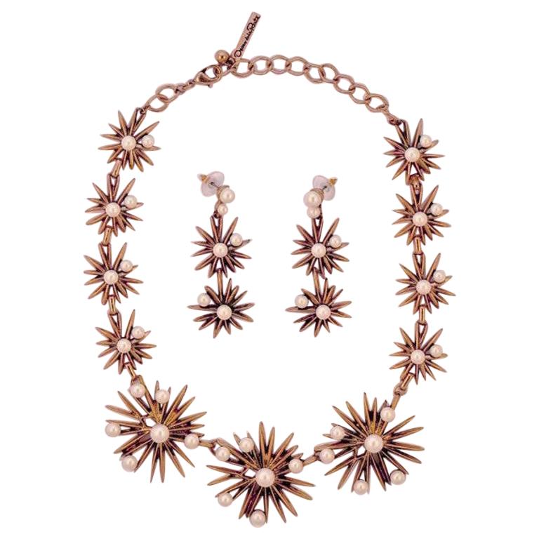 Gold Tone Clear Crystal Starburst Collar Necklace Earring Set 