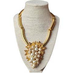 Oscar de la Renta Gold-Tone Statement Necklace with Clustered Faux Pearls & Flor