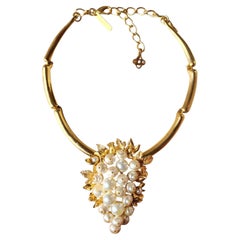 Oscar de la Renta Gold-Tone Statement Necklace with Clustered Faux Pearls & Flor