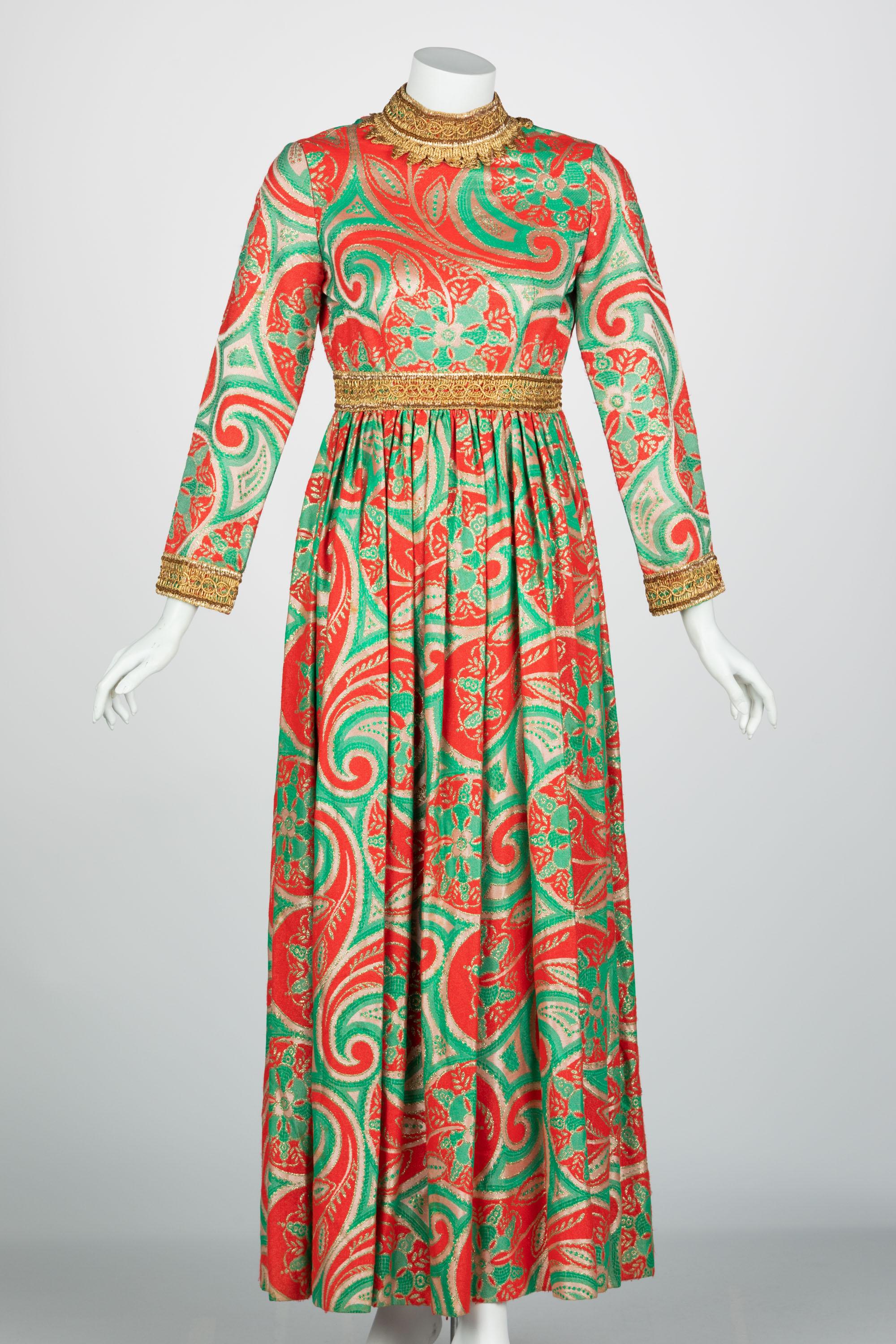 Oscar de la Renta Kleid aus Brokat mit Goldbesatz, 1960er Jahre (Braun) im Angebot