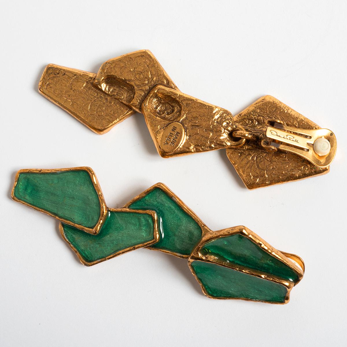 Women's Oscar De La Renta Gold & Turquoise Enamel Clip On Earrings. Stamped USA, 1980.