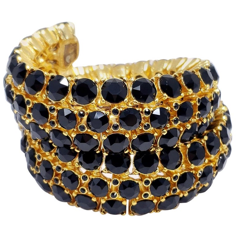 Oscar de la Renta Gold Twisting Bangle Bracelet, Black Swarovski Crystals  at 1stDibs | gold bracelet with black swarovski crystals