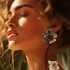 Oscar De La Renta Gold Wild Rose Pearl Swarovski Crystal Flower Clip Earrings