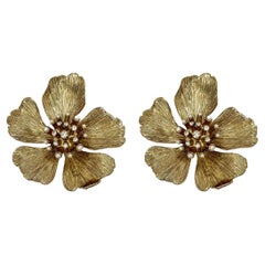Oscar De La Renta Gold Wild Rose Pearl Swarovski Crystal Flower Clip Earrings