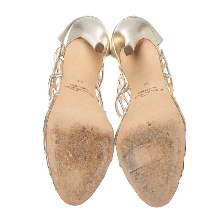 Oscar de la Renta Golden Leather Gladia Cage Peep Toe Sandals Size 38 ...