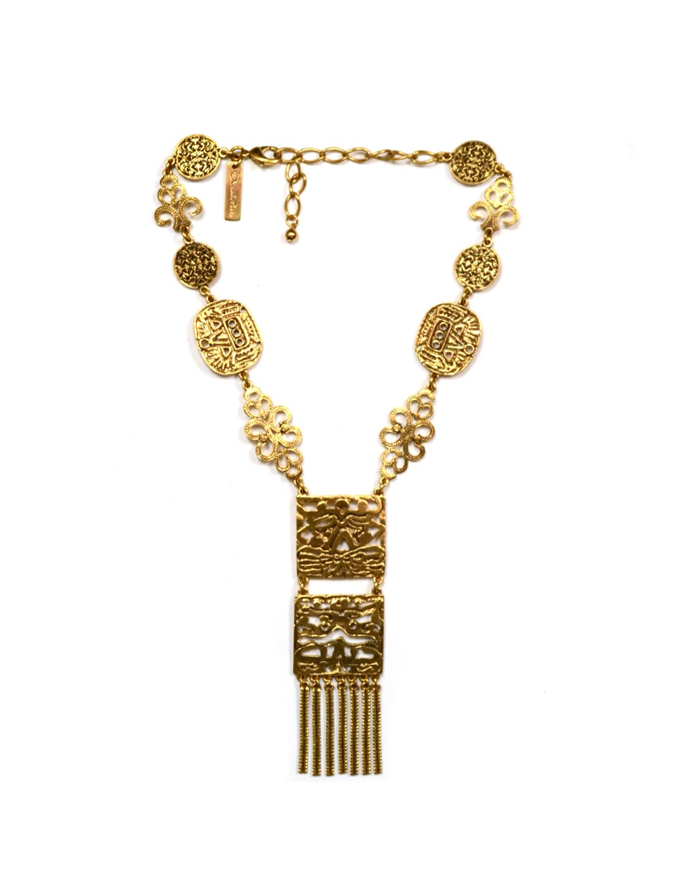 Oscar de la Renta Goldtone Engraved Metal Pendant Necklace In Excellent Condition In New York, NY