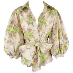 Oscar de la Renta Green and Lavender Floral Silk Ballon Sleeve Blouse