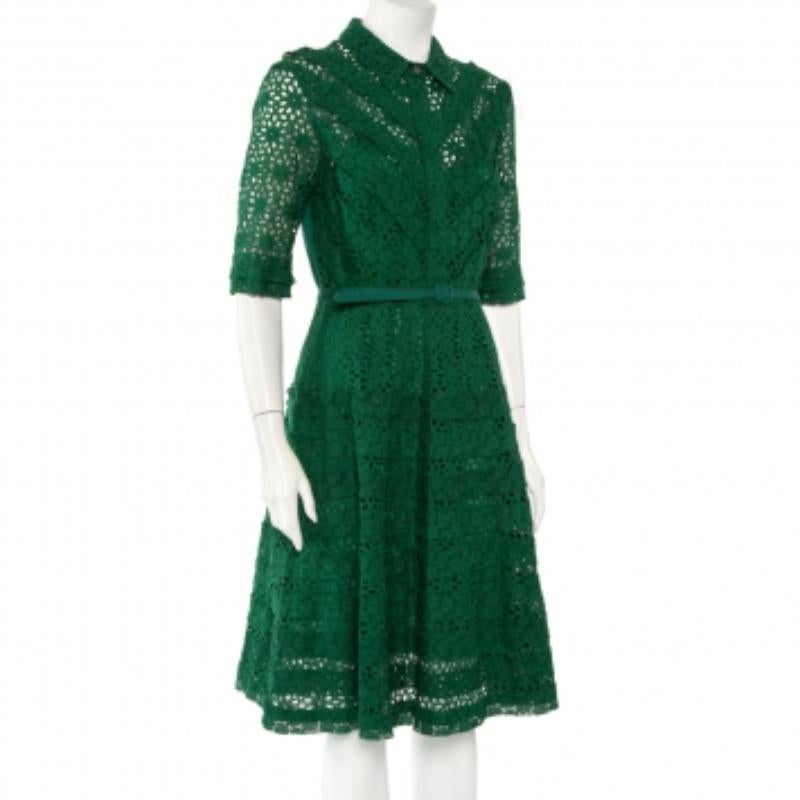 Nero Oscar De La Renta - Vestito midi con cintura in pizzo verde e occhielli L
