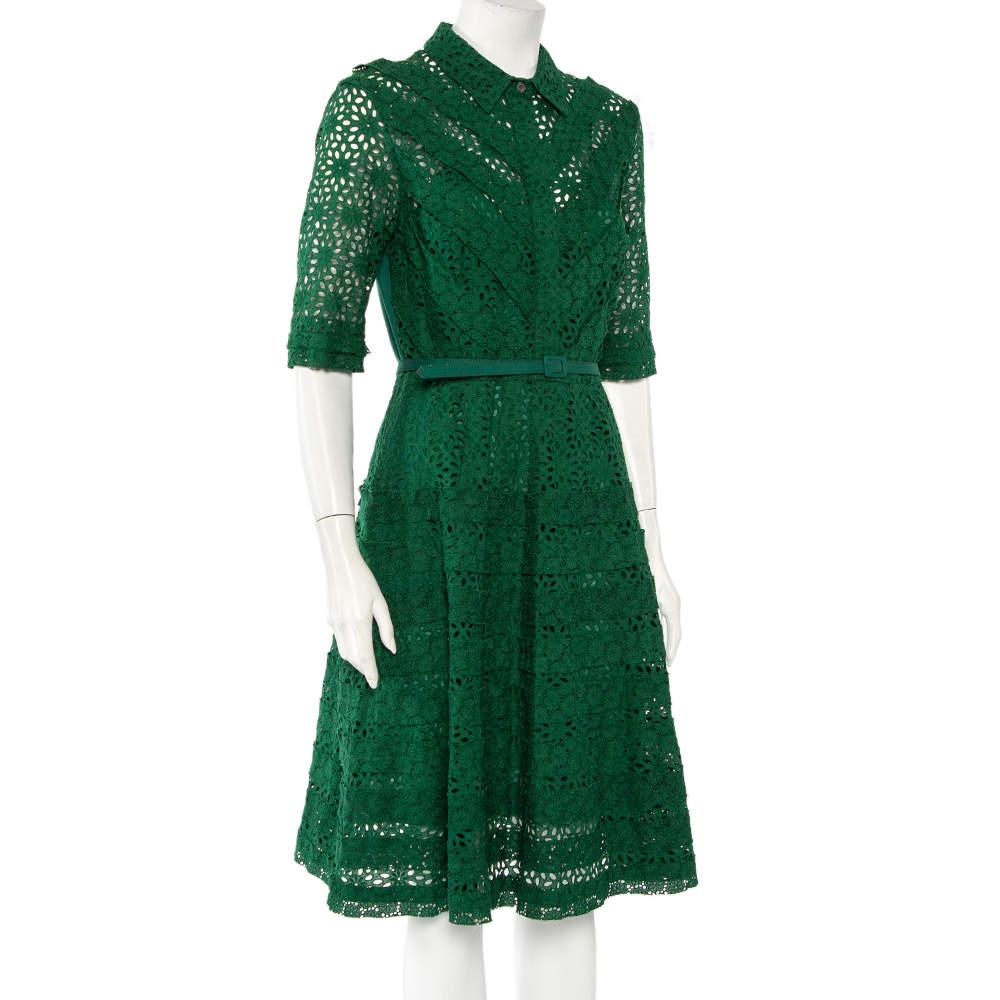 Black Oscar de la Renta Green Eyelet Lace Belted Midi Dress L For Sale
