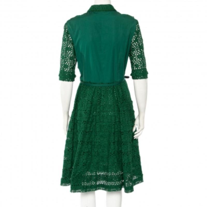 Oscar De La Renta - Vestito midi con cintura in pizzo verde e occhielli L 2