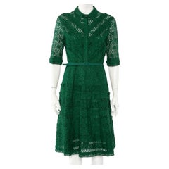 Oscar de la Renta Green Eyelet Lace Belted Midi Dress L