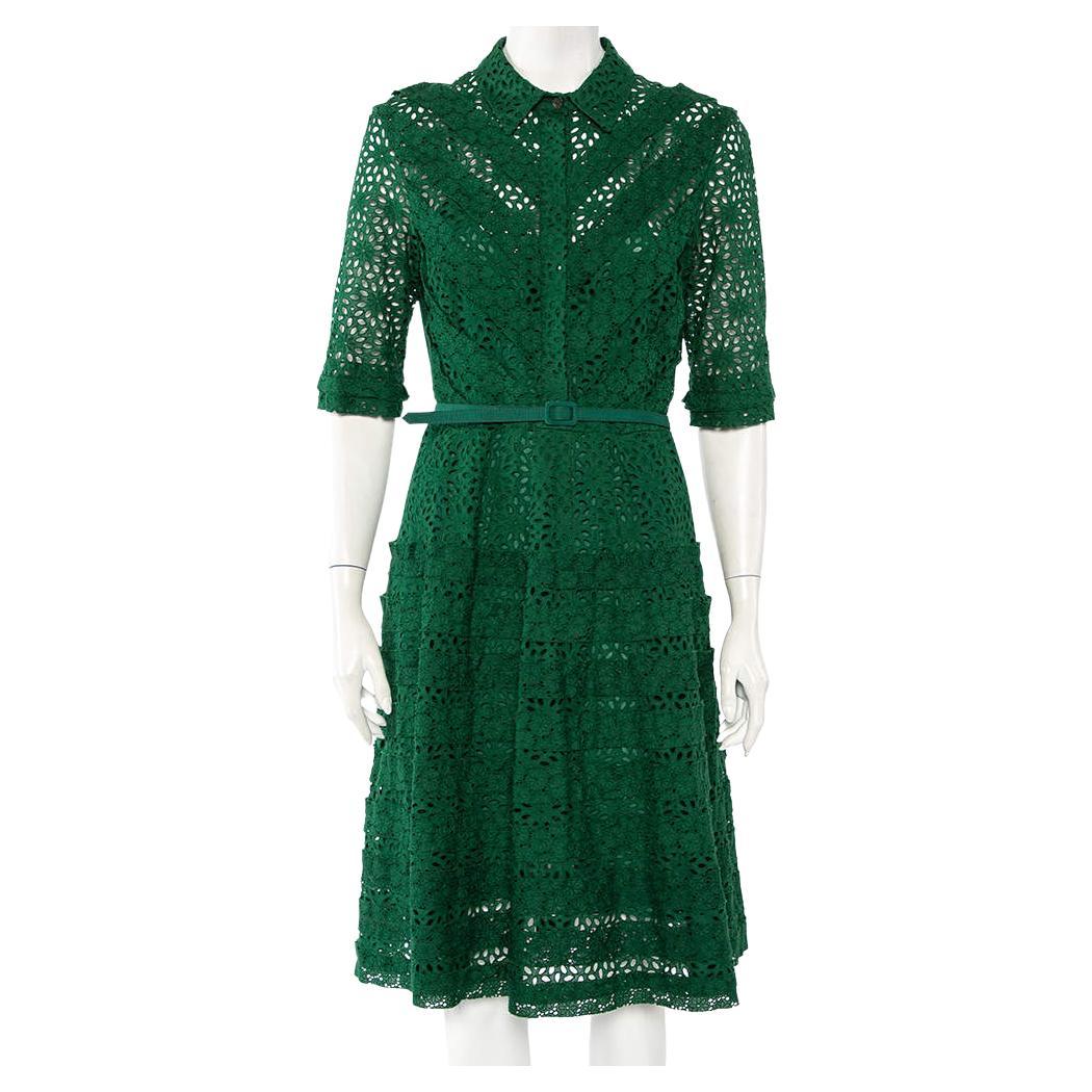 Oscar de la Renta Green Eyelet Lace Belted Midi Dress L For Sale