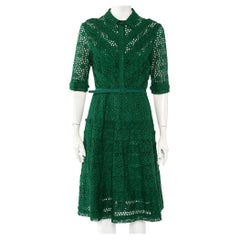 Oscar de la Renta Green Eyelet Lace Belted Midi Dress L