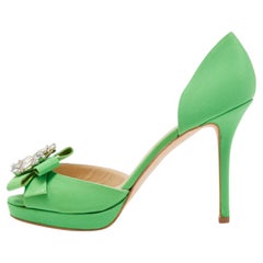 Oscar de la Renta Green Fabric Crystal Embellished Rosalba D' Orsay Peep Toe 