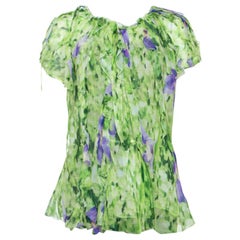 Oscar de la Renta Green Floral Print Chiffon Top L